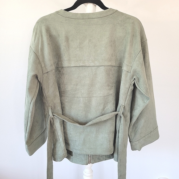 SUEDE Jade Green Wide Long Sleeve V Neck Waist Tie Jacket - Picture 4 of 10